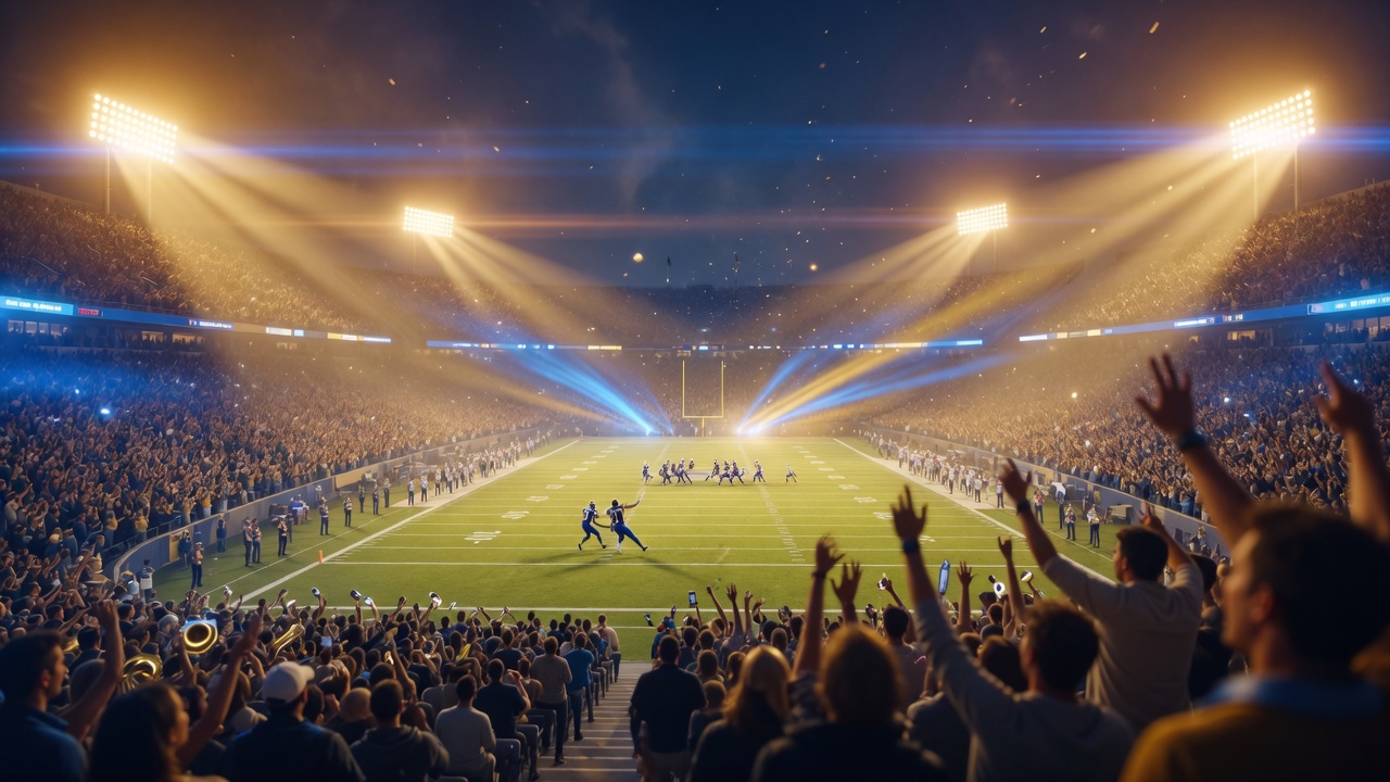 College football stadium under lights at night